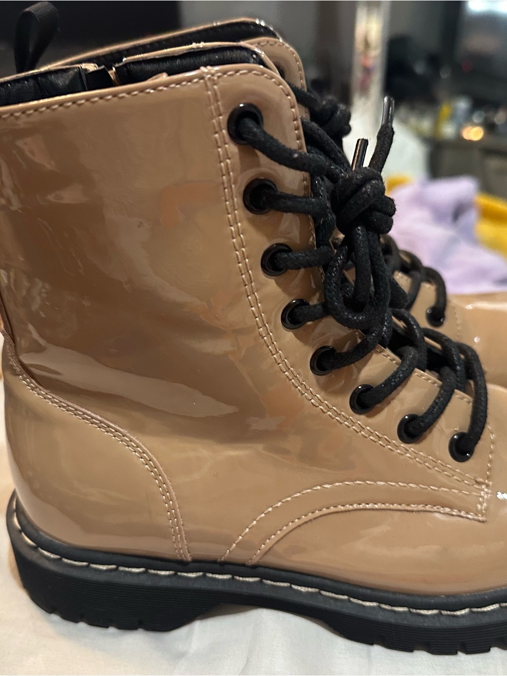 Lace-Up Patent Combat Boots in Beige with Black Laces